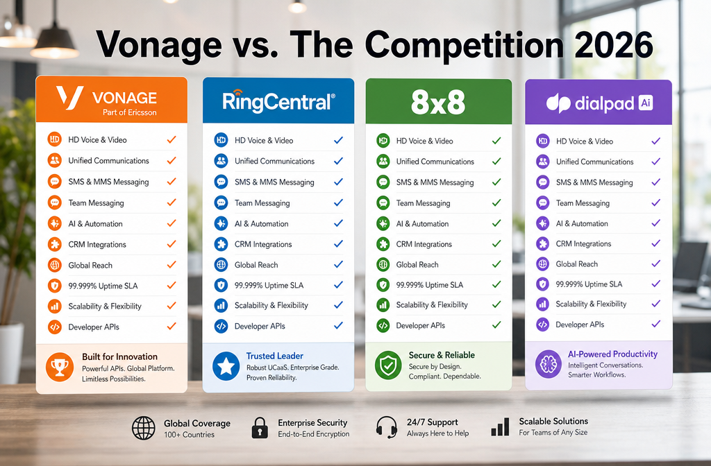 Comparison chart of Vonage, RingCentral, 8x8, and Dialpad features for 2026, including voice, SMS, AI, CRM, reliability, and security, with icons highlighting key service benefits at the bottom.