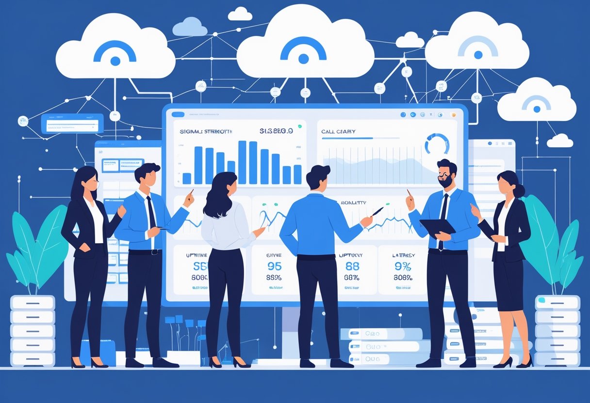 A group of professionals in an office reviewing digital charts and graphs about call quality and reliability with cloud icons and network connections in the background.