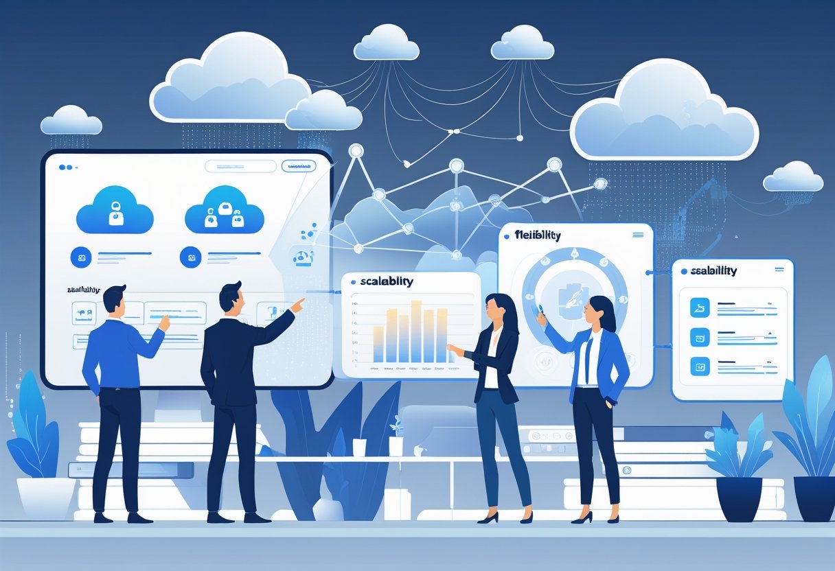Business professionals in an office analyzing digital screens and holographic cloud servers representing scalability and flexibility in a cloud-based phone system.