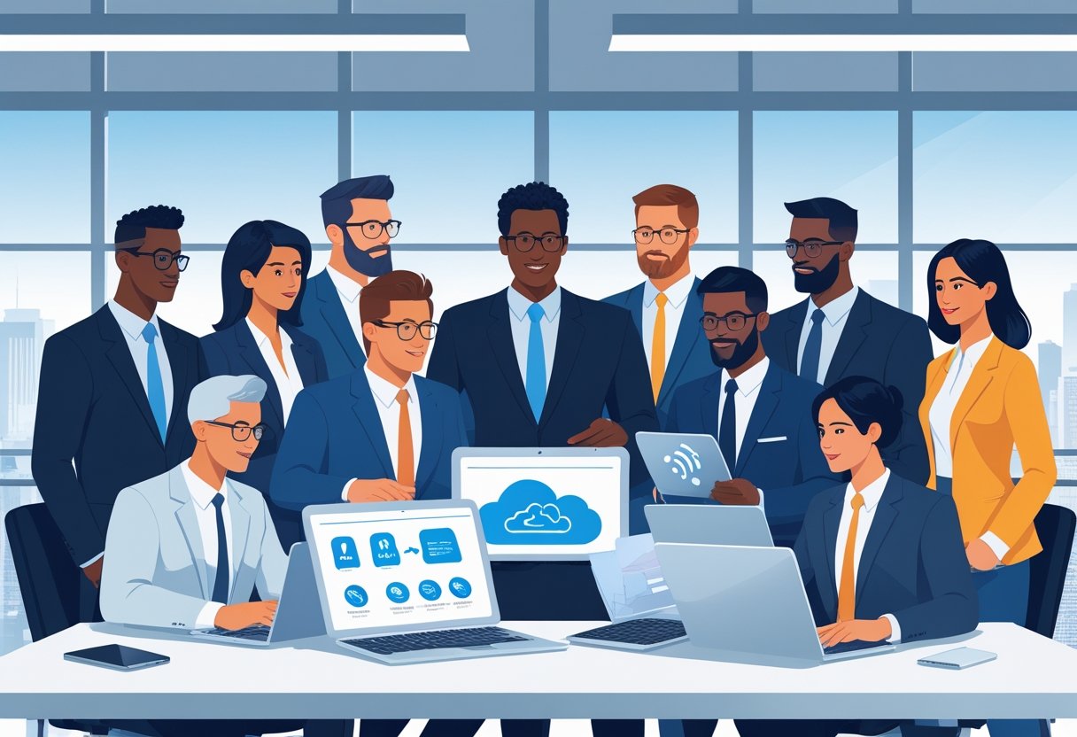 A group of professionals in a modern office reviewing digital devices and discussing cloud-based phone system features and add-ons.