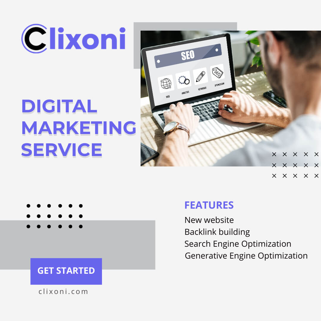 A person works on a laptop displaying an SEO screen; text promotes Clixoni digital marketing services and features like SEO and backlink building.