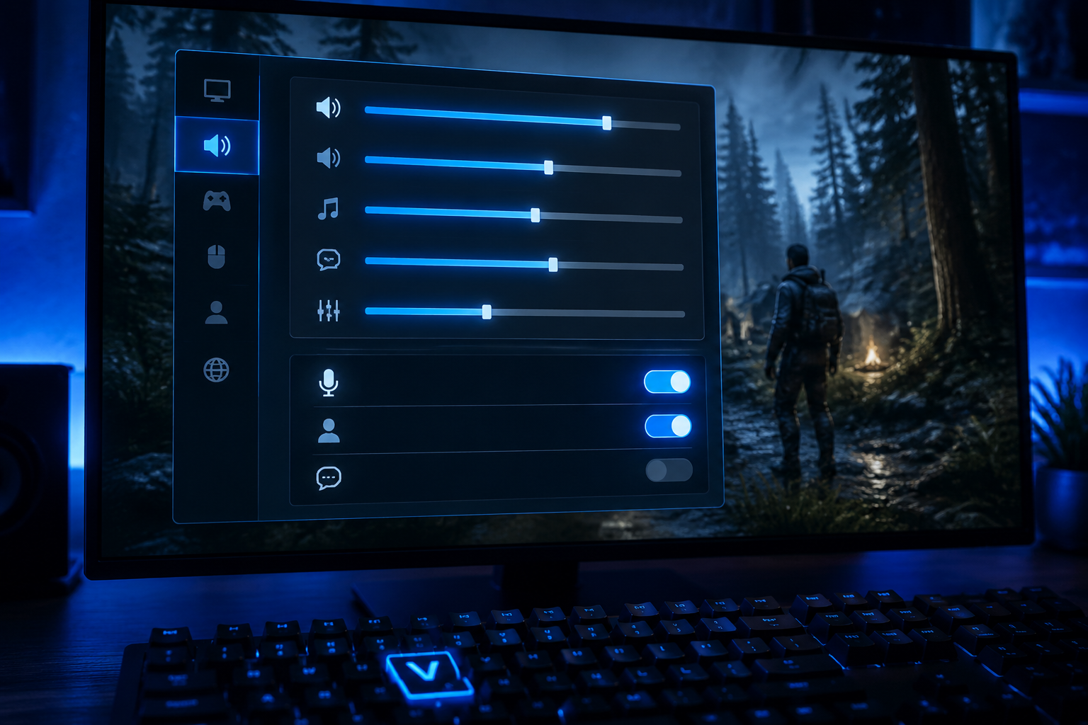 Close-up () image of a game settings menu interface on a monitor screen, showing audio sliders and voice chat toggle