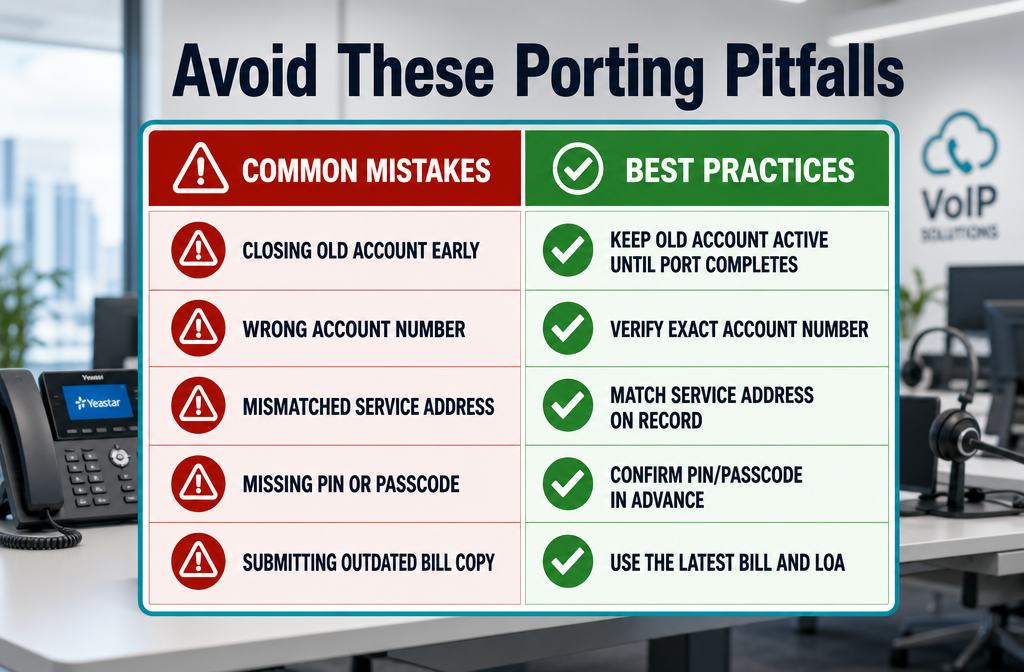 Detailed () comparison table visual showing common number porting mistakes vs best practices side by side: left column in