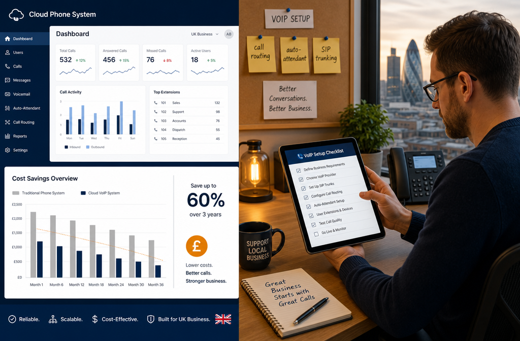 Detailed () concept illustration showing a small UK business owner at a modern desk reviewing VoIP setup checklist on a