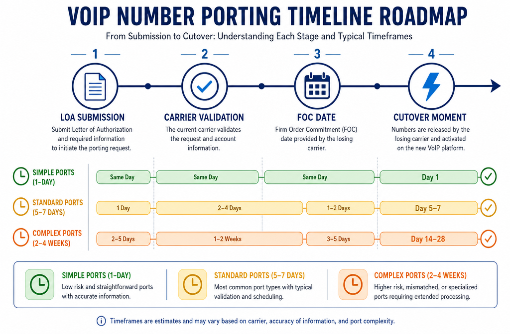 Detailed () infographic-style illustration showing a horizontal timeline roadmap for VoIP number porting stages: LOA