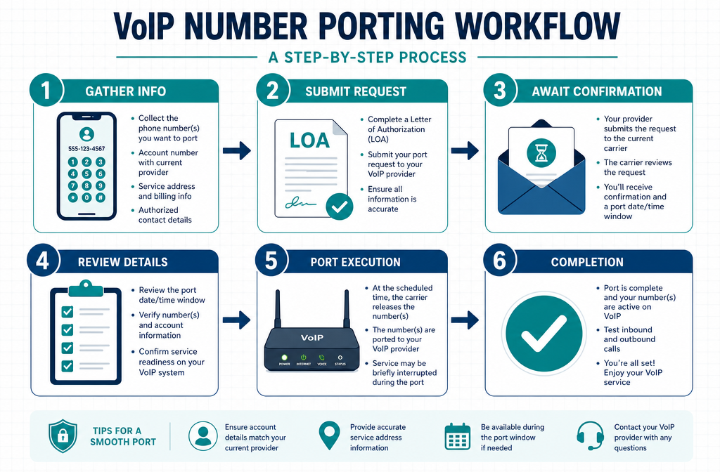 Detailed () infographic-style illustration showing a step-by-step number porting process: a flowchart with numbered steps