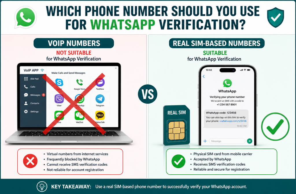Detailed () infographic-style illustration showing the difference between VoIP numbers and real SIM-based phone numbers for
