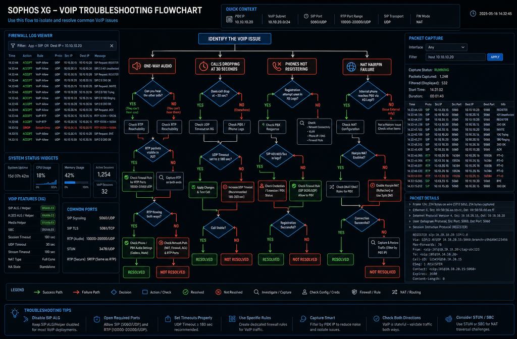 Detailed () troubleshooting flowchart illustration for Sophos XG VoIP issues, showing branching decision tree with labeled