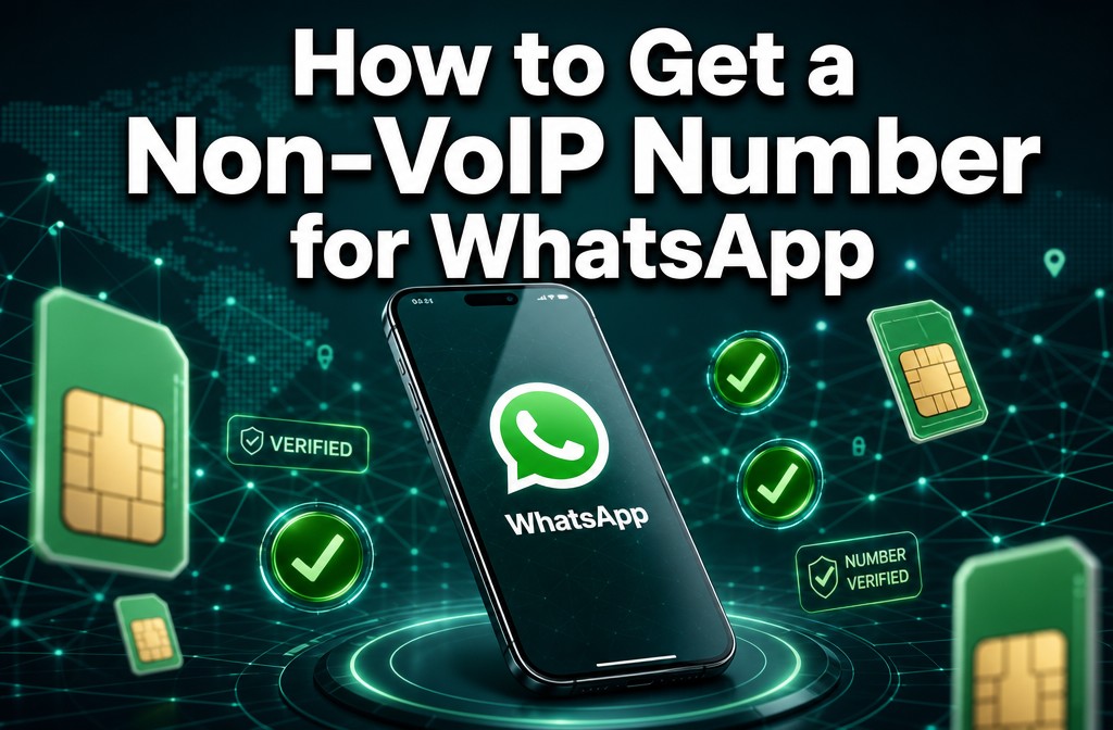 Professional () hero image with : 'How to Get a Non-VoIP Number for WhatsApp' in extra large white with dark drop , centered