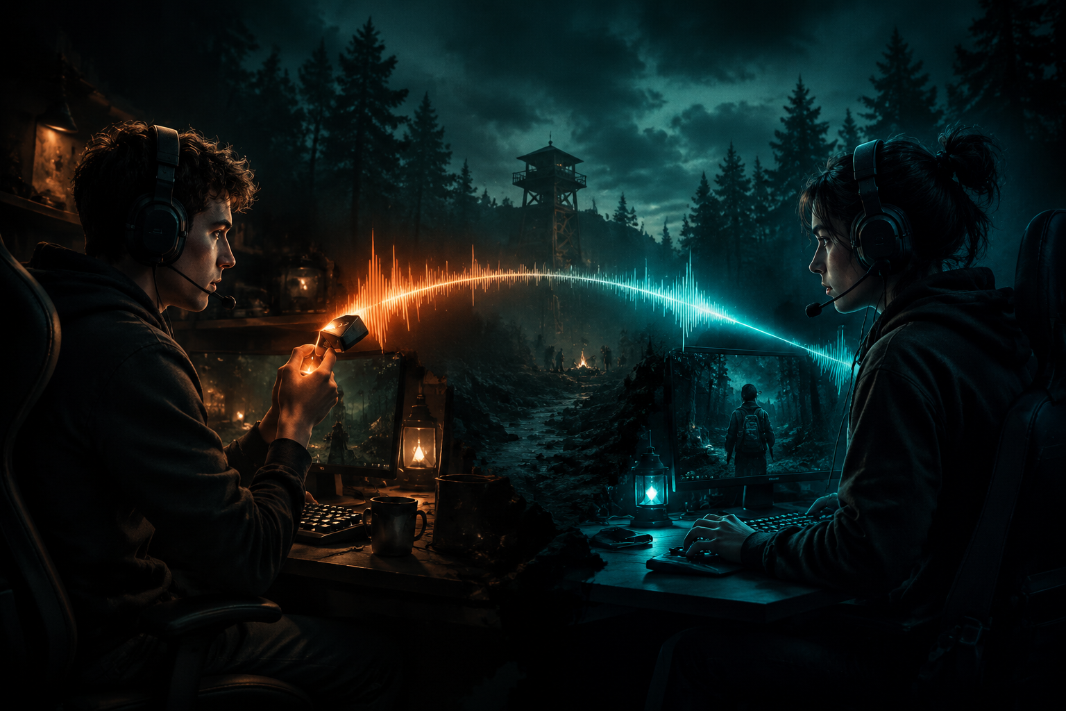 Wide () image showing two gamers at separate desks wearing headsets, connected visually by a glowing sound wave arc between