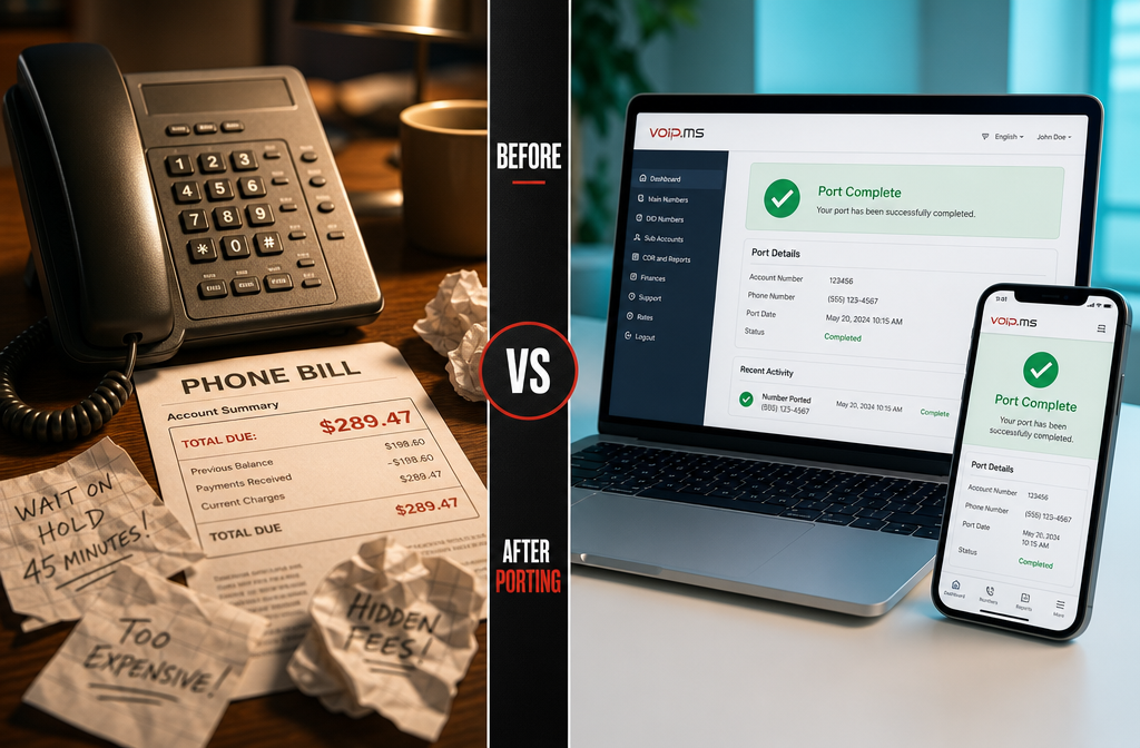 () close-up split-screen comparison image: left side shows a traditional landline phone on a wooden desk with a paper bill