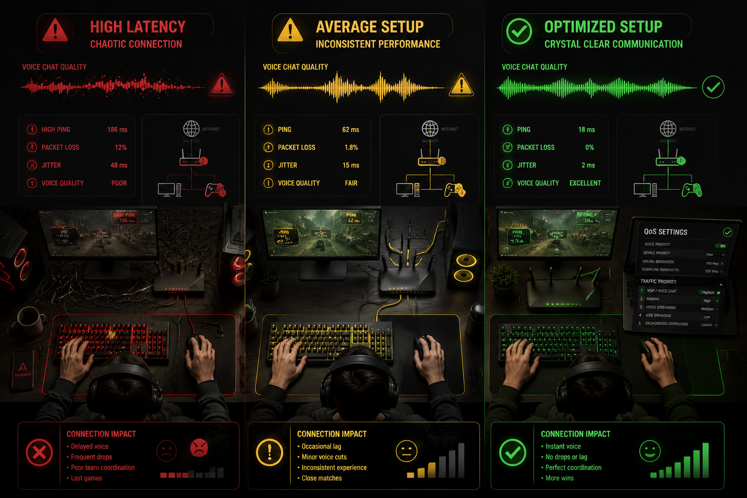 () comparison scene showing three side-by-side gaming communication setups: a chaotic high-latency connection with red