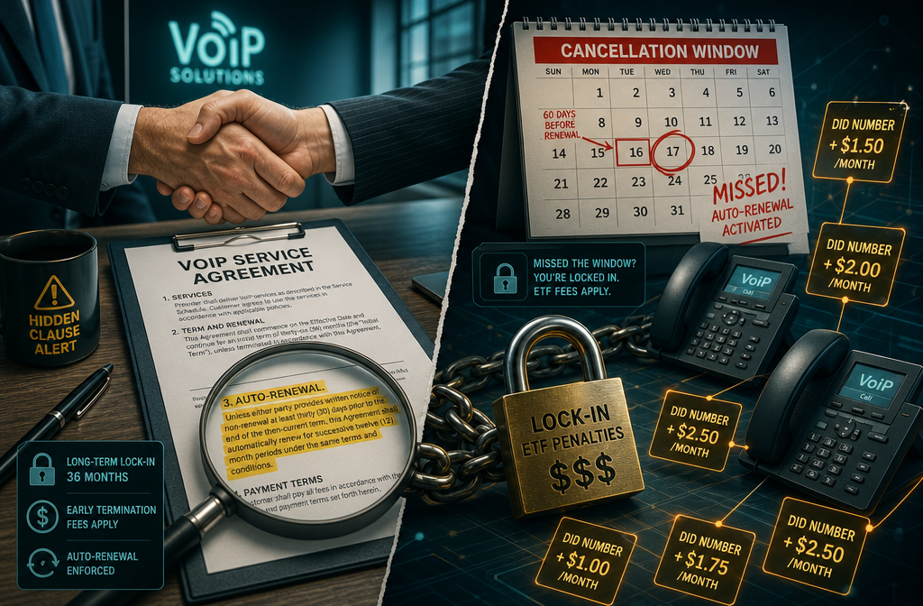 () concept illustration showing a split-scene: left side displays a handshake over a VoIP contract with hidden auto-renewal