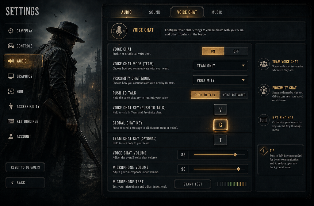 () detailed illustration showing a Hunt Showdown PC game settings screen UI mockup with Audio/Voice Chat settings panel