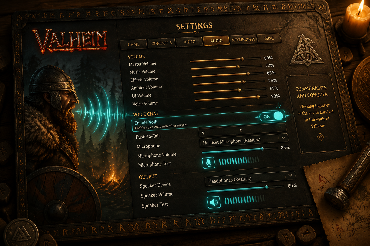() detailed illustration showing a Valheim game settings menu UI mockup on a dark Norse-themed interface, with microphone
