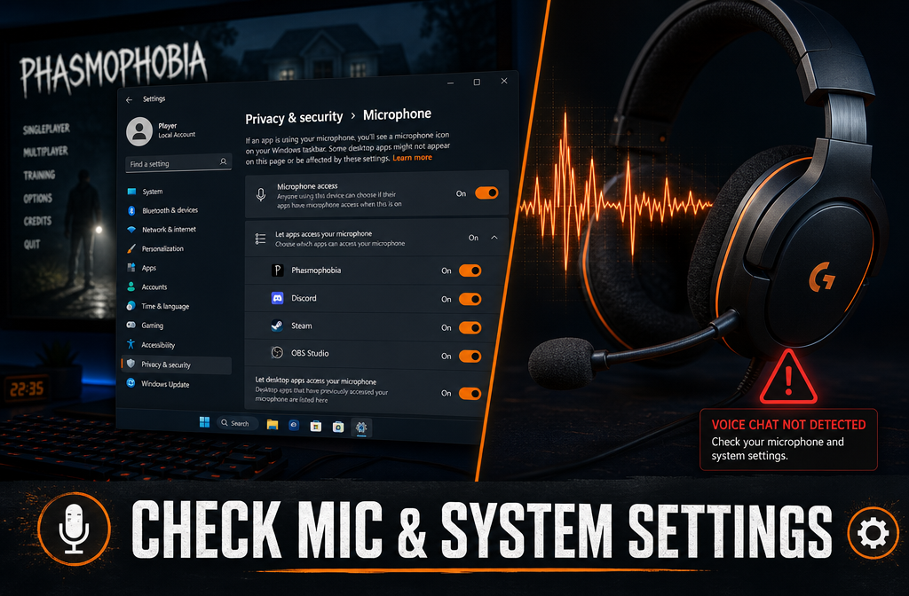 () detailed illustration showing a split-screen composition: on the left, a Windows 11 sound settings panel open on a dark