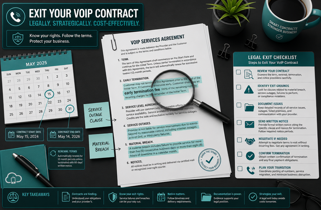 () detailed infographic-style illustration showing a VoIP contract document with highlighted clauses, a magnifying glass