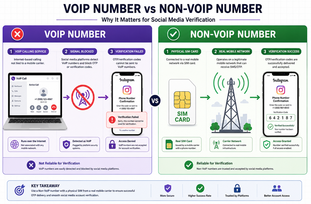 () detailed infographic-style illustration showing a side-by-side comparison diagram: left panel labeled 'VoIP Number' with