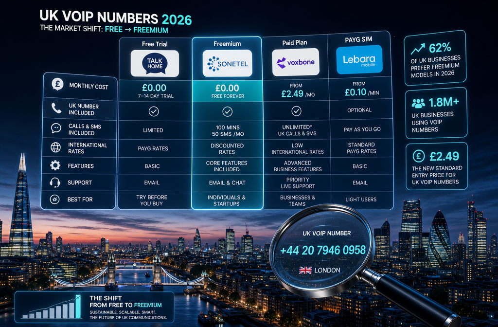 () editorial illustration showing a comparison table floating in 3D space above a modern UK cityscape at dusk, with provider