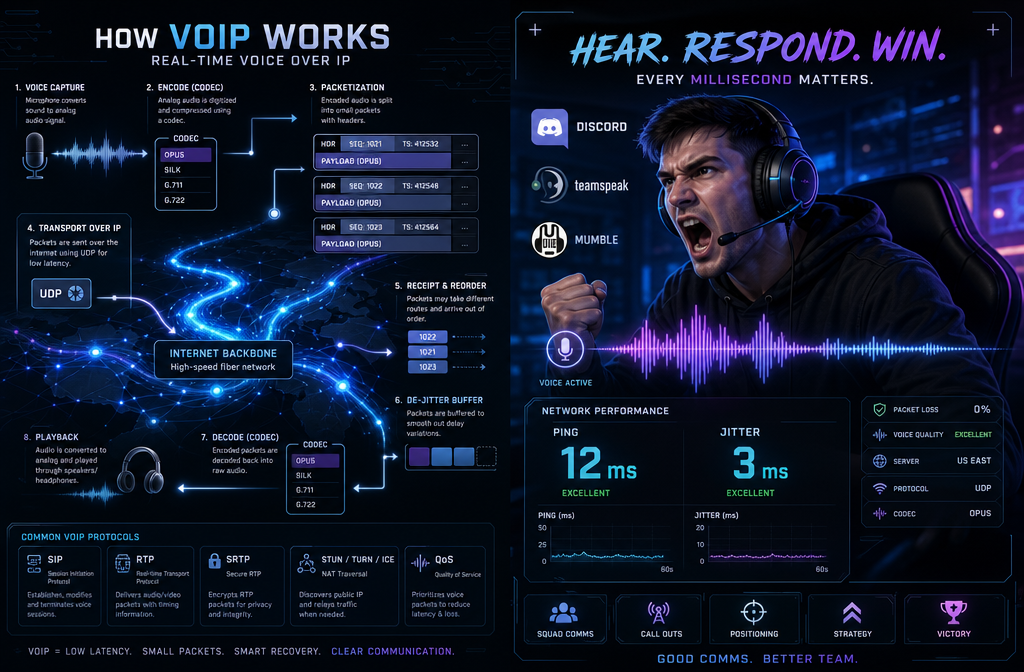 () editorial illustration showing a split-screen infographic: left side displays VoIP protocol diagram with labeled data