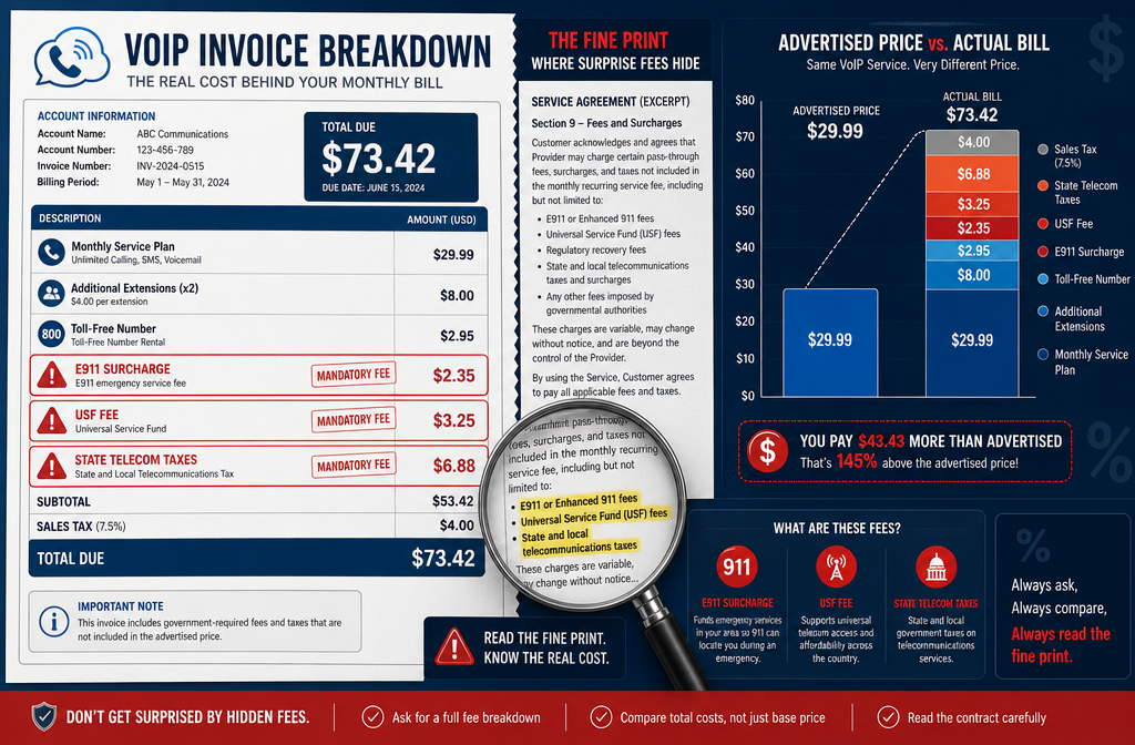 () infographic-style illustration showing a VoIP invoice breakdown with surprise fee line items: E911 charges, USF fees,