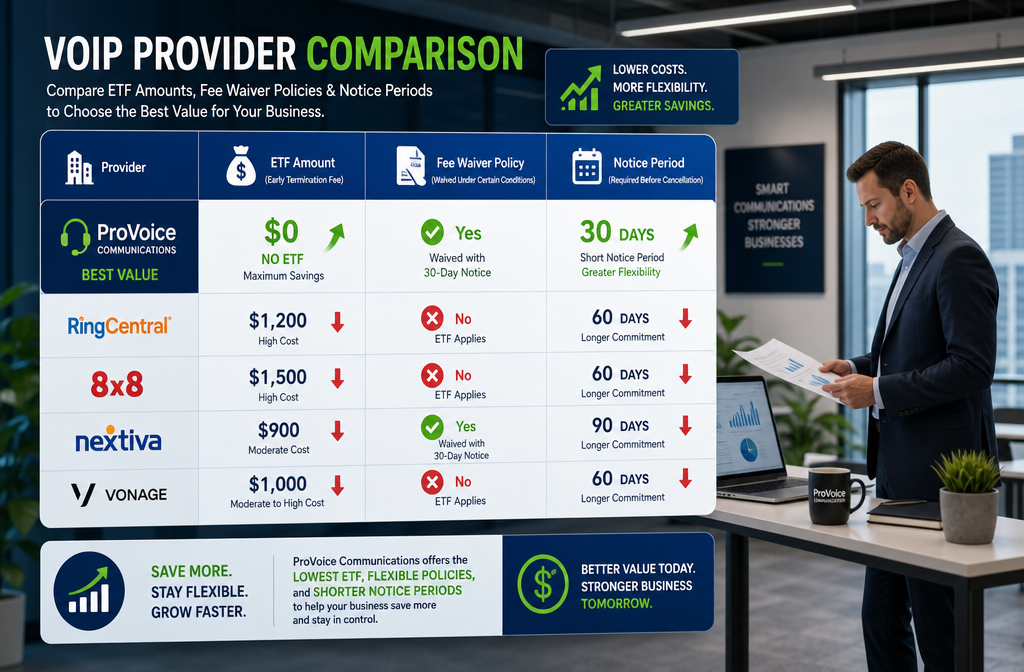 () showing a side-by-side comparison table graphic floating over a modern office background, contrasting VoIP providers