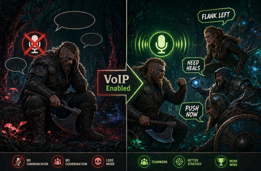 () split-scene comparison image showing left side: a frustrated Viking player with a red X over a microphone icon and silent
