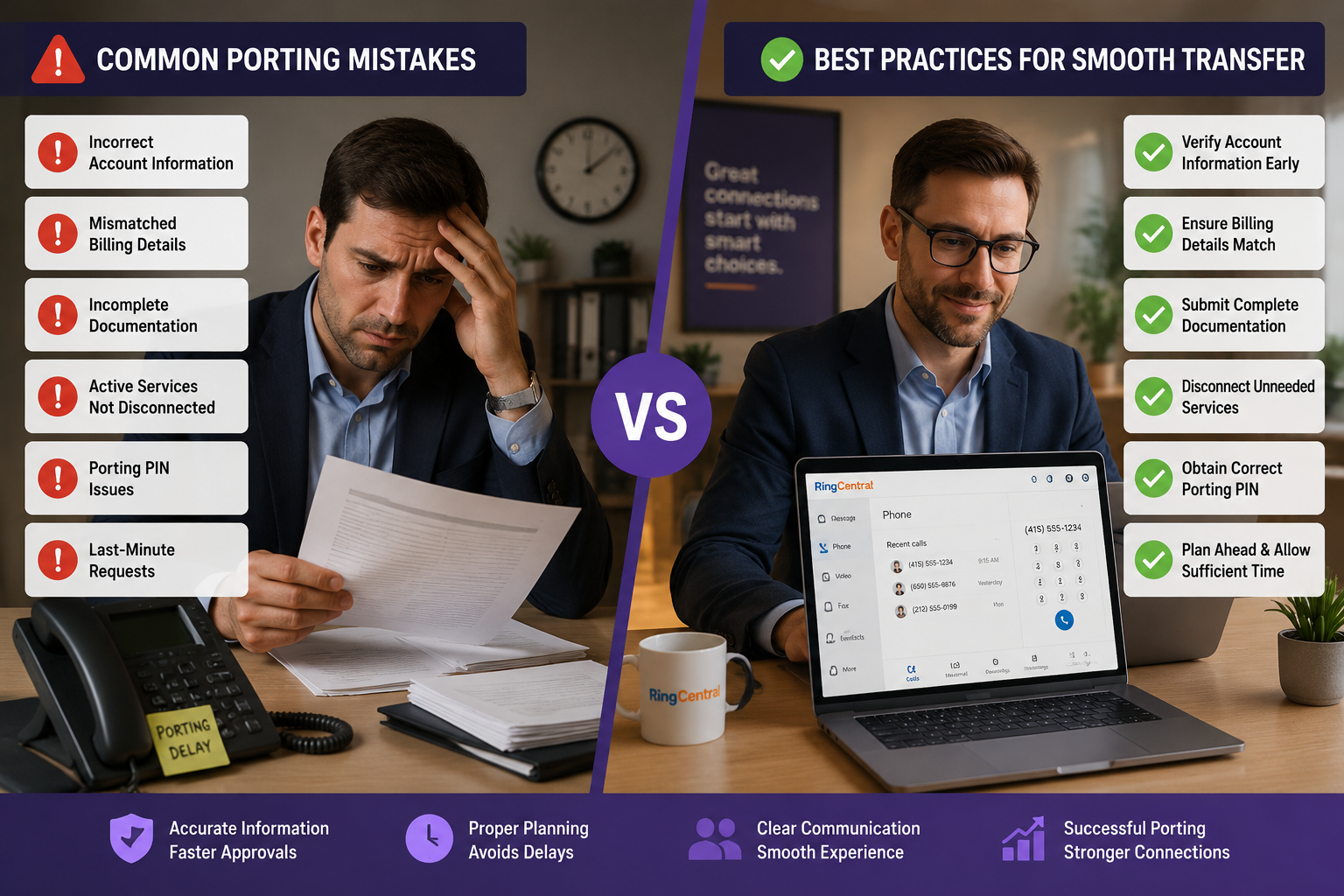 () split-screen comparison image: left side shows a frustrated business professional holding paperwork with a legacy