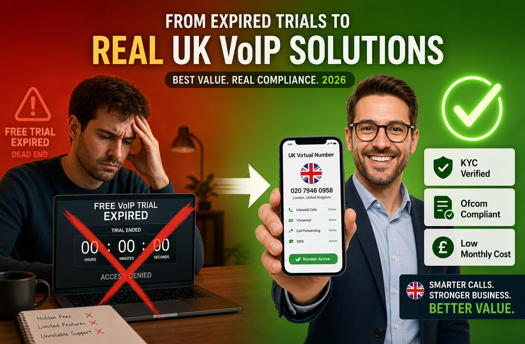 () split-screen concept image: left side shows a frustrated user at a laptop with a red 'X' over expired free VoIP trial