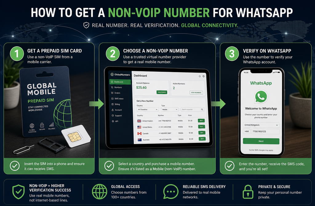 () step-by-step visual guide showing three methods to obtain a non-VoIP number for WhatsApp: a prepaid SIM card package, a