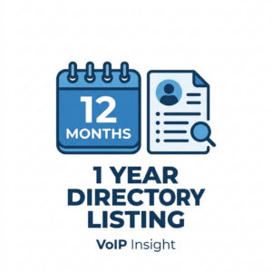 Icon of a calendar showing "12 months" next to a document with a user icon and magnifying glass, with text "1 Year Directory Listing, VoIP Insight" underneath.