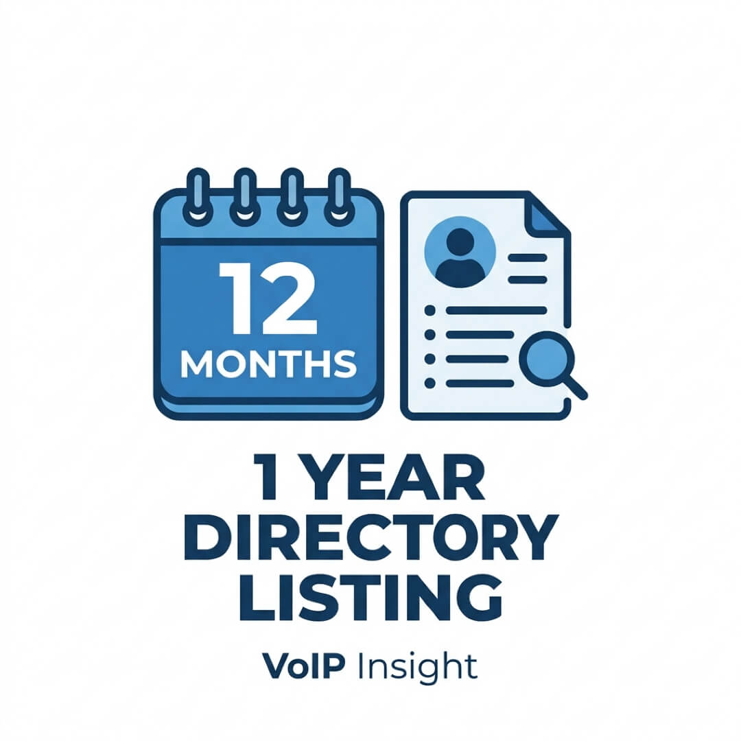 Icon of a calendar showing "12 months" next to a document with a user icon and magnifying glass, with text "1 Year Directory Listing, VoIP Insight" underneath.