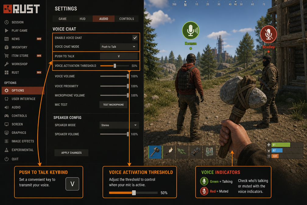 Detailed () editorial image showing split-screen composition: left side displays Rust game settings menu with voice chat