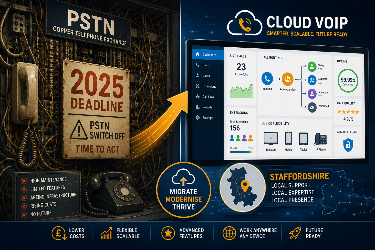 () editorial illustration showing a split-screen comparison: left side depicts an old PSTN copper telephone exchange with